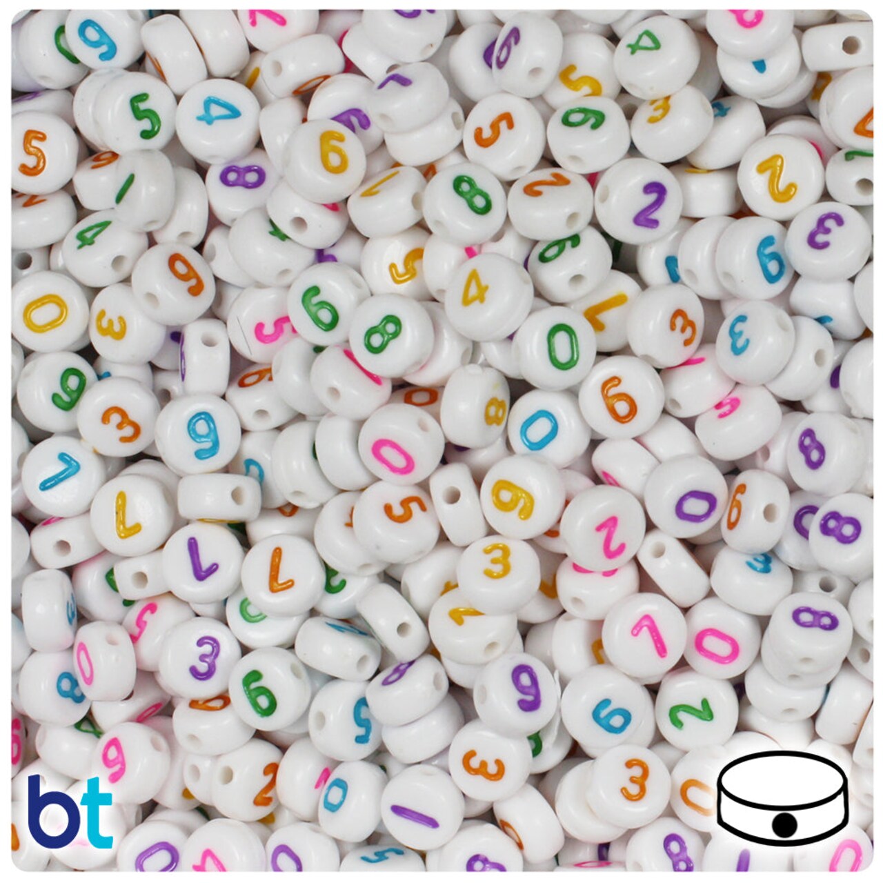 BeadTin White Opaque 7mm Coin Plastic Alpha Beads - Colored Number Mix (250pcs)